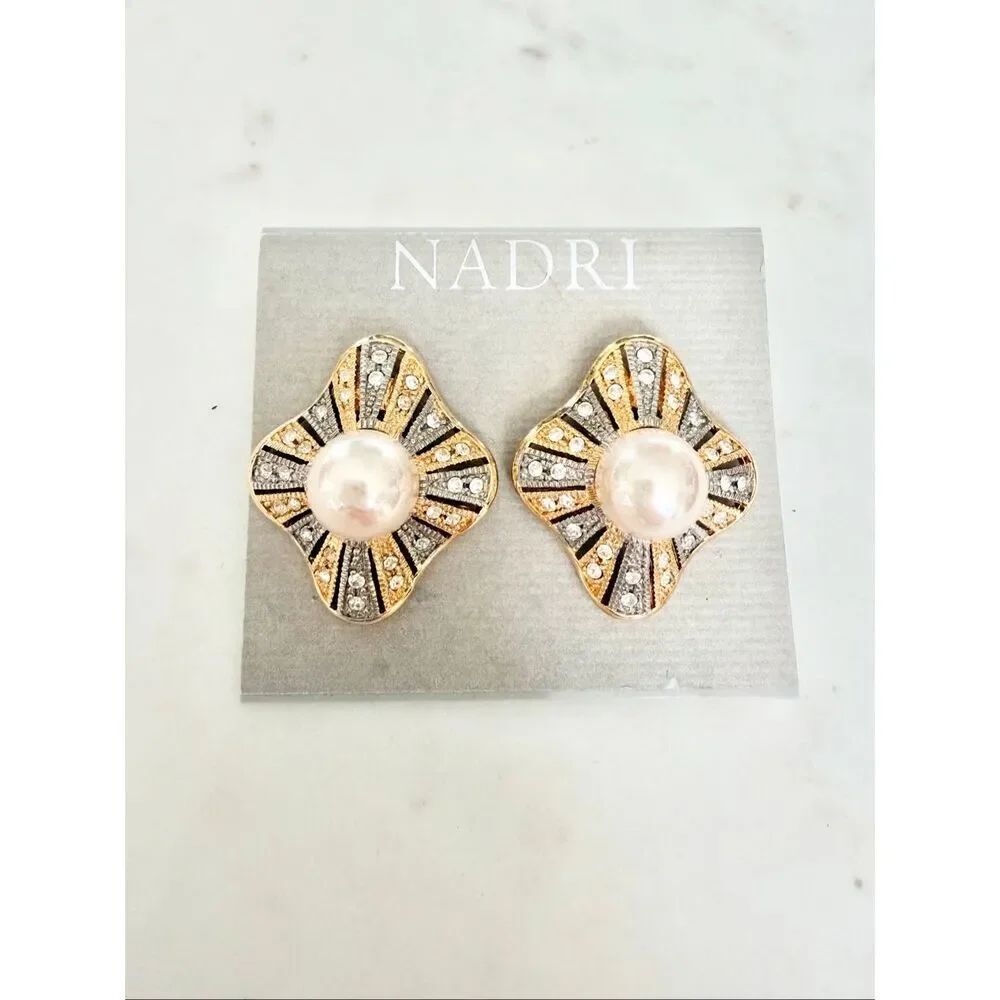 Nadri Y2K Faux Pearl Crystal Statement Stud Earrings Gold Silver Tone